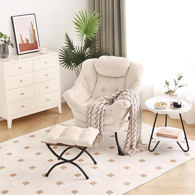 Lazy Chair with Ottoman, Modern Chair with Folding Footrest, Lounge Accent Chair, Comfortable Reading Chair, Oversized Armchairs for Bedroom, Study, Living Room, Courtyard (Beige)