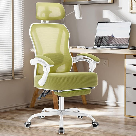 Ergonomic Office Chair with Footrest,Ultra Thick Reclining Office Desk Chair with Adjustable 2D Lumbar Support and Headrest,Spring Cushion,High Back Premium Mesh Computer Chair Office Chairs,Green