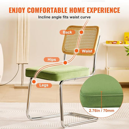 VEVOR Rattan Dining Chairs Set of 2, Mid Century Modern Dining Chair, Upholstered Velvet Accent Chair with Rattan Back, Retro Dining Room Kitchen Chair for Living Room, Bedroom (18.1 Inch)
