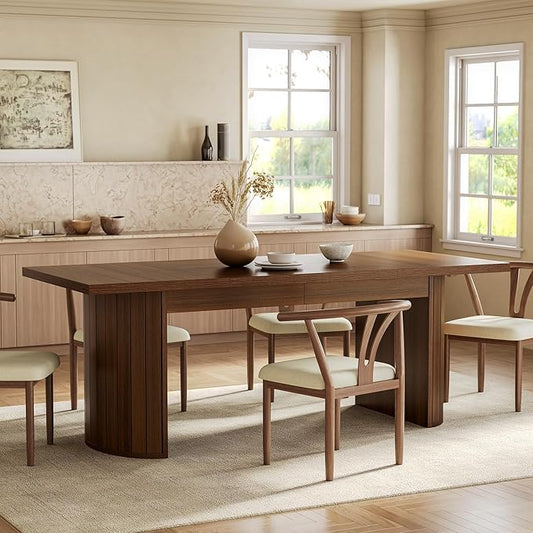 1Easylife 78.74 Inches Long Dining Table for 6, All Wooden Rectangle Kitchen Table, Vintage Dinner Table, Large Dining Room Tables with Half Round Pedestal Fence Design, Deep Brown