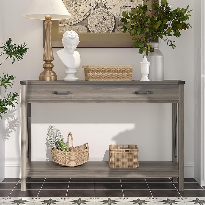 ChooChoo 47'' Farmhouse Console Table with Drawer, Entryway Table with Storage Shelf, Rustic A-Design Sofa Table for Hallway, Entrance, Living Room, Grey