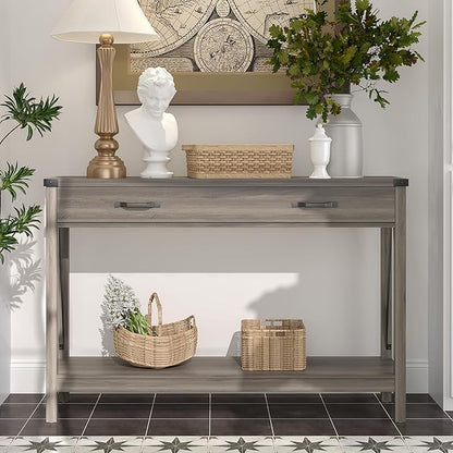 ChooChoo 47'' Farmhouse Console Table with Drawer, Entryway Table with Storage Shelf, Rustic A-Design Sofa Table for Hallway, Entrance, Living Room, Grey