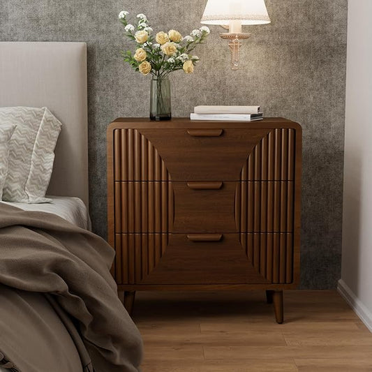 COSIEST Walnut Accent Cabinet with 3 Drawers, Sideboard Buffet Cabinet for Entryway, Living Room, Bedroom (Brown, Stripe Pattern)