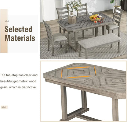 Merax 6-Piece Rubber Wood Dining Table Set with 4 Cushioned Chairs and Bench, Beautiful Wooden Grain Pattern Tabletop, Grey
