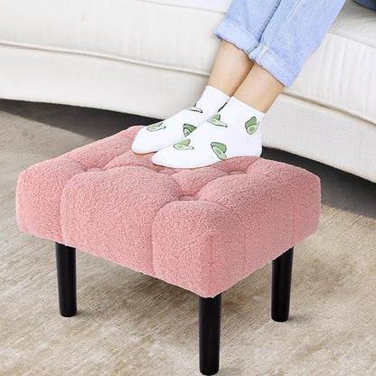 HOUCHICS Fur Padded Foot Stool, Small Ottoman Foot Rest with Wooden Legs,Modern Rectangle Chair Foot Rest Foot Step Stool for Living Room, Couch, Desk(Pink)