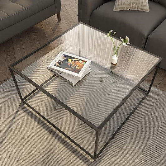 Glass Coffee Table Modern Center Table,Minimalist Coffee Table Sofa Side Tea Table for Living Room,Tempered Glass-top with Sturdy Metal Frame, Easy Assembly,26.4 x 26.4 x 15.7 Inches, Black