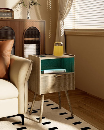 Modern Bedside Table, Nightstand with Charging Station and LED Lights