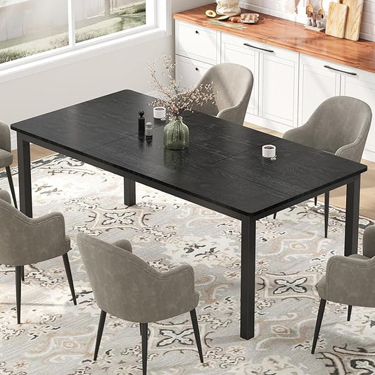 GarveeHome 70.8in Industrial Dining Table for 6, Wooden Long Dinner Table with Mortise Tenon Design, Kitchen Table with Sturdy Metal Legs, for Dining Room Home Office Living Room, Black