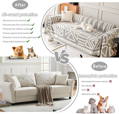 HANDONTIME Grey Sofa Cushion Covers Boho Couch Sofa Covers Dog Couch Cover for Sofa Chenille Couch Sofa Slipcover for Pets Sofa Cover Thick Washable Sectional Slip Covers for Sofas/Couches, 91" X134"