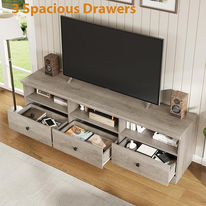GarveeHome TV Stand for 65/70/75 Inch TV, Entertainment Center with Storage Drawer, Mid-Century Modern TV Console with Open Shelves, 70in Media TV Cabinet for Living Room, Bedroom, Gray