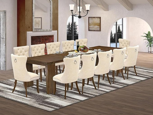 X12DA-008-32 - 13 Pieces Dining Room Set contains an Extendable Rectangle Kitchen Table and 12 Polyester Fabric Dining Chairs, 39x120 Inch, Antique Walnut