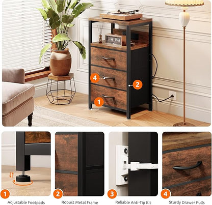 NightStand Bedside Charging Table Bedroom - Night Stand with Charger Station, Modern Nightstand with Open Shelf & 3 Fabric Drawers, Bed Side Table USB-C USB Ports & AC Outlets for Dorm Living Room