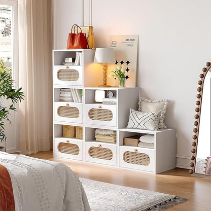 3-in-1 Modular TV Stand with Rattan Doors, DIY Media Console Boho Entertainment Center Modern TV Cabinet with Open Shelves,White