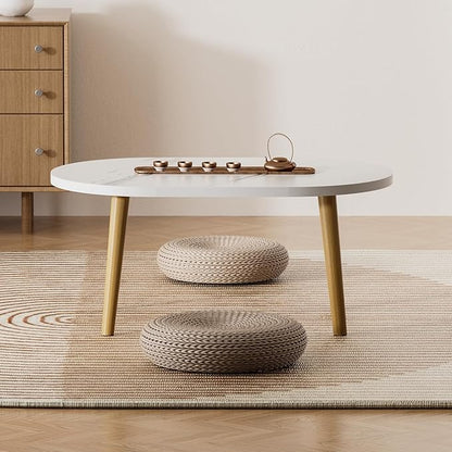 Small Coffee Table for Small Space, Low Table, Floor Table Desk for Sitting on The Floor, Japanese Coffee Table for Living Room, Tatami Tea Tables with Solid Wood Legs, Oval Coffee Tables, White