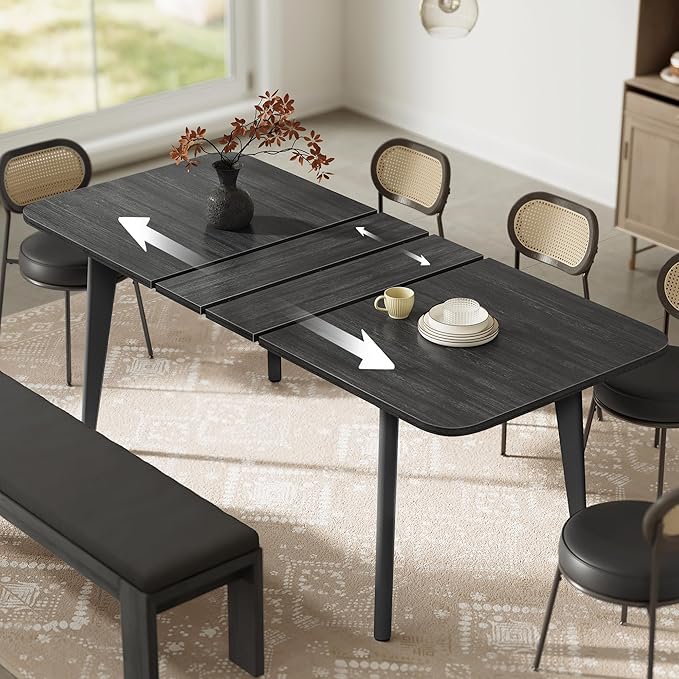 VASAGLE Dining Table for 4/6/8, Extendable Kitchen Table with Tapered Legs, Curved Transitions, for Dining Room, Kitchen, Home Office, Wooden Black UKDT090B01V1