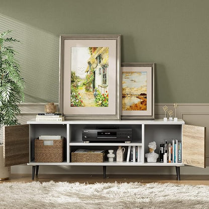 YESHOMY Modern TV Stand for 65" Television, Entertainment Center with Two Storage Cabinets, Retro Style Media Console for Living Room, Bedroom, Office, 58 Inch, Light Brown