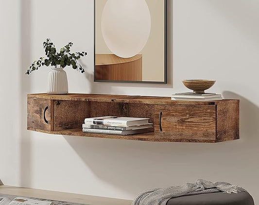FITUEYES Floating TV Stand Wall Mounted TV Shelf Entertainment Center, Media Console with Cabinet Modern Component for Storage Hutch Under TV for Living Room Office,Rustic Brown