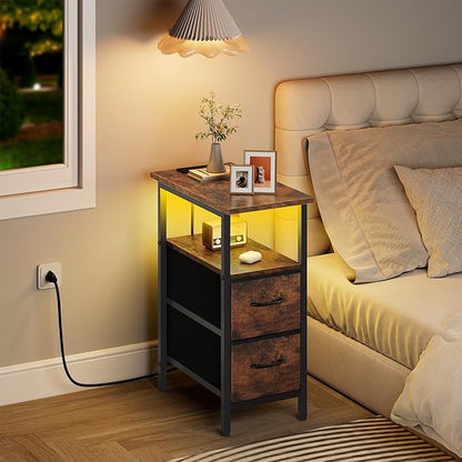 Vagusicc Set of 2 Nightstand with Charging Station and LED Lights, Narrow Side Table, LED Night Stand with 2 Fabric Drawers, Bedside Table Small End Table, Tall Nightstand for Bedroom, Rustic Brown