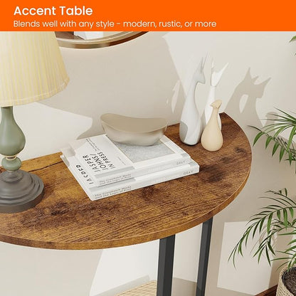Homode Half Moon Table, Small Entryway Table, Half Round Entry Table, Narrow Half Circle Console Tables for Small Spaces, Hallway, Wood Front Entrance Tables, Rustic Brown and Black