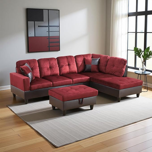 Couches for Living Room Modern L Shaped Couch Comfy Flannel Fabric 3 Pieces Sectional Sofa with Chaise, Ottoman with Storage for Office and Small Apartment, Red