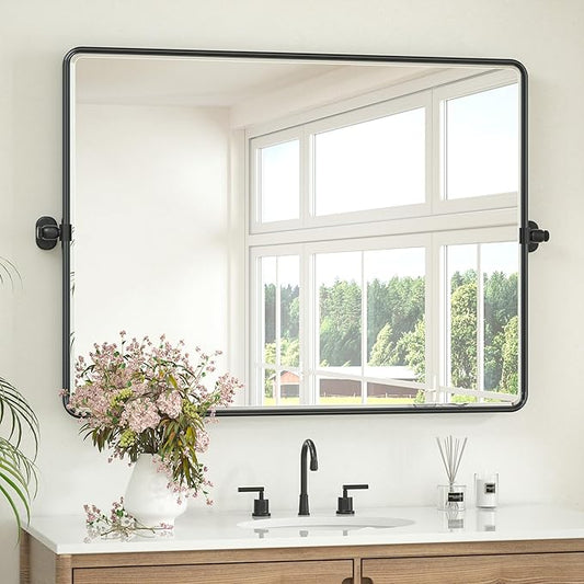 Keonjinn Large Pivot Mirror Bathroom, 40 x 30 Inch Beveled Tilt Mirror Bathroom, Black Metal Framed Mirrors with Rounded Corner, Farmhouse Rectangle Vanity Mirrors for Wall (Horizontal/Vertical)