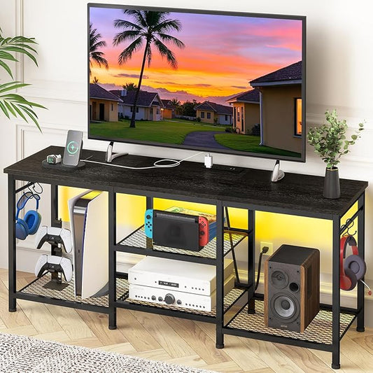 YGEOMER Black TV Stand Entertainment Center for 55 Inch TVs, with Charging Station and Lights Open Storage Shelves, TV Media Console, Open Storage Shelf with Sound Rack for Living Room, Bedroom