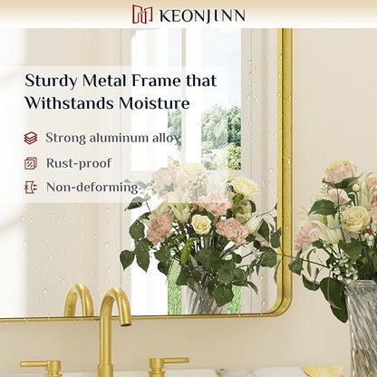 Keonjinn Gold Mirrors for Bathroom Sink, 30 x 36 Inch Rounded Rectangle Brushed Brass Mirror, Metal Framed Rectangular Wall Mirror, HD Tempered Glass Modern Decorative Mirror(Horizontal/Vertical)