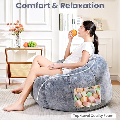 Bean Bag Chair with Filler, Faux Fur Comfy Chair with Petal Armrest Fluffy Lounge Chair for Bedroom, Living Room, Dorm, Game - Grey, Large, Low Support