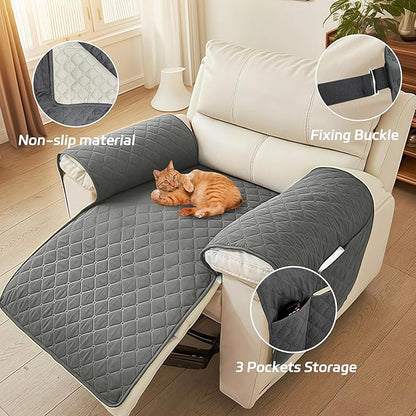 MEHIDFY Sofa Seat Arm Cover, Waterproof Couch Armrest Protector, Anti-Slip Sofa Cover, Remote Holder for Armchair, Dual Side Recliner Caddy with 3 Pockets for TV Remote, Phone, Pad, Pen, Book(Grey)