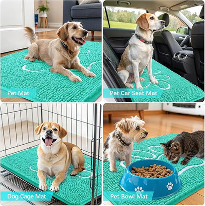 OLANLY Door Mat for Muddy Dog Paws 40x32, Ultra Absorbent Chenille Mud Doormat with Paw Print Design, Non-Slip Washable Doormat for Indoor Entryway, Quick-Dry Pet Bed Mats for Dirty Dogs, Teal