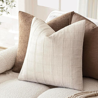 Foindtower Set of 2 Decorative Linen Check Throw Pillow Covers Neutral Farmhouse Vintage Cushion Covers Modern Boho Home Decor For Sofa Chair Couch Bedroom Living Room Outdoor,26×26 Inch,Natural Beige