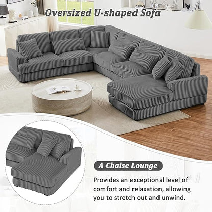 129" Oversized U Shaped Modular Sectional Sofa Couch for Living Room 7 Seater Plush Corduroy Upholstered Large Sofa Deep Seat Cloud Couch with Extra Wide Chaise Lounge and Detachable Thick Cushions