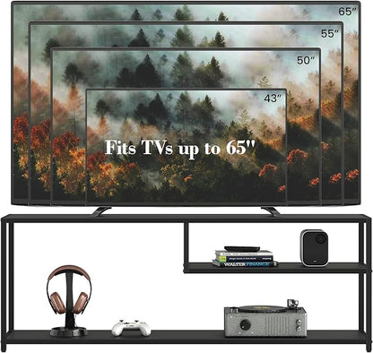 TECHMILLY Modern TV Stand for 65" TV, TV Table with Storage Shelves, Entertainment Center with Metal Frame, TV Console Table for Living Room, Bedroom, Black