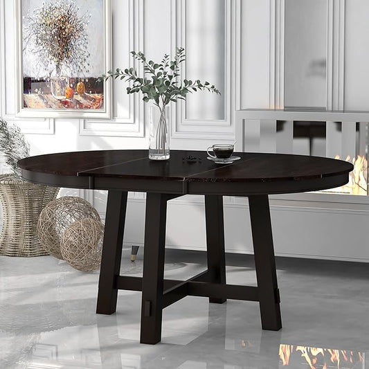 Farmhouse Style Expandable Round to Oval Dining Table with 16" Removable Leaf, Solid Wood Extendable Tabletop with Cross Trestle Legs, Space-Saving Kitchen-Tables for Home Apartment Restaurant