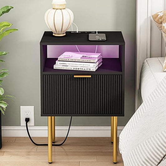 Modern Nightstand with Charging Station and LED Lights, Black Nightstand with Drawer, Fluted Nightstand for Living Room, Bedroom