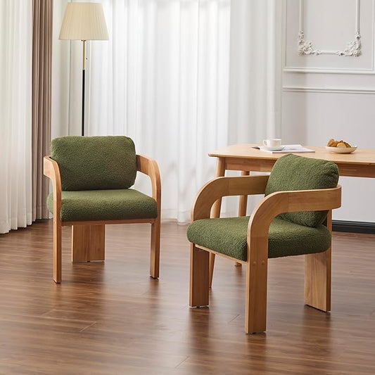 Christopher Knight Home Yorick Modern Boucle Dining Chair Set of 2 with Cushion, Solid Wood Dining Room Armchair Set, Curved Backrest Kitchen Side Chair, Living Room Comfy Extra Seat, Natural+Green