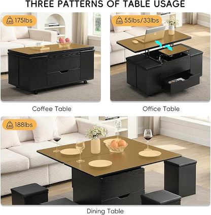 Merax Multi-Functional Lift-Top Coffee Table with Hidden Storage and Stools,Multi-Function Modern Center Table with 4 Stools and Casters,Perfect for Modern Living Spaces, Black