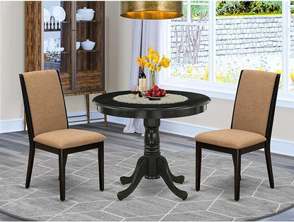 East West Furniture ANLA3-ABK-47 3 Piece Dining Room Furniture Set Contains a Round Kitchen Table with Pedestal and 2 Light Sable Linen Fabric Parson Dining Chairs, 36x36 Inch, Wirebrushed Black