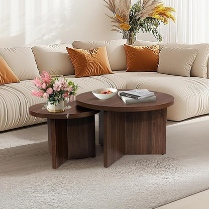 Round Nesting Coffee Tables Set of 2, Modern Stacking Table with Wood Grain Finish, End Table Side Tables for Living Room (Walnut)