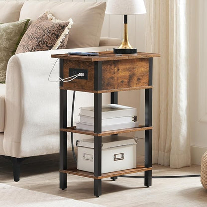 HOOBRO End Table with Charging Station, Flip Top Side Table with USB Ports, Narrow Nightstand Bedside Tables with Storage Shelves, for Small Space, Living Room, Rustic Brown and Black BF141UBZ01
