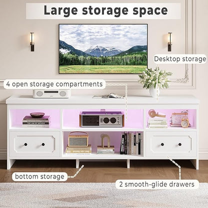 IRONCK TV Stand for 75 Inch TV, 71" LED Entertainment Center with Storage Cabinets, Power Outlets and Open Shelf, Media Console TV Cabinet with Drawers for Living Room, White