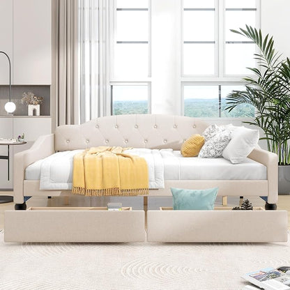 Full Size Upholstered Tufted Daybed with Two Storage Drawers,Linen Sofa Bed,Easy Assemble & No Box Spring Needed,Perfect for Small Space,Bedroom,Livingroom,Guest Room, Beige