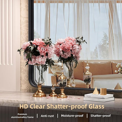 Hasipu Black Bathroom Mirror 50x40 Inch Rounded Rectangle Vanity Mirror Metal Framed Wall Mirrors Anti-Rust Surface Mount (Horizontal/Vertical)
