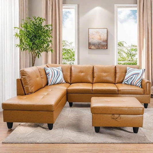 L Shaped Sectional Couches, Leather Couch Modular Sectional Sofa with Ottoman Storage, Modern L Shaped Couch with Chaise for Living Room Bedroom Apartment Furniture, Orange