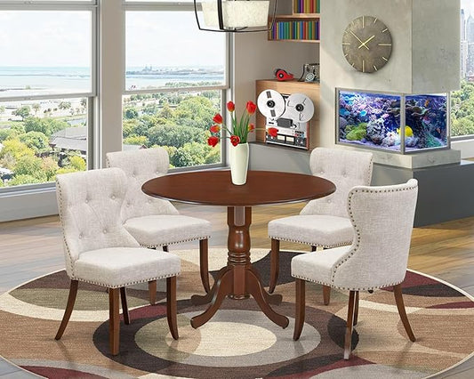 East West Furniture DLSI5-MAH-35 5 Piece Kitchen Table & Chairs Set Includes a Round Dining Room Table with Dropleaf and 4 Doeskin Linen Fabric Parson Dining Chairs, 42x42 Inch, Mahogany