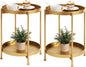Tiita 2 Pack Round End Table Mental Side Table Nightstand/Small Wood Tables Accent Coffee Table with Wooden Tray for Living Room Bedroom Office Small Space