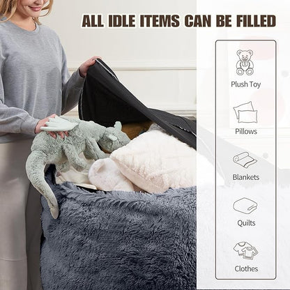 Bean Bag Chair Cover(No Filler) Soft Faux Fur Stuffed Animal Bean Bag Storage, Fluffy Plush Bean Bag Chair Cover Washable, Comfy Bean Bag Chairs for Adults, 6FT, Dark Grey