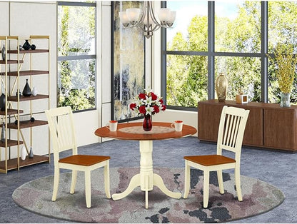 East West Furniture DLDA3-BMK-W 3 Piece Dining Room Furniture Set Contains a Round Dining Table with Dropleaf and 2 Wood Seat Chairs, 42x42 Inch, Buttermilk & Cherry