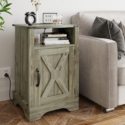 RoyalCraft Nightstand Set of 2, Grey End Table with Charging Station, Tall Farmhouse Bedside Table with Large Storage and Shelf, Wooden Side Table with for Bedroom, Home Office, Light Grey