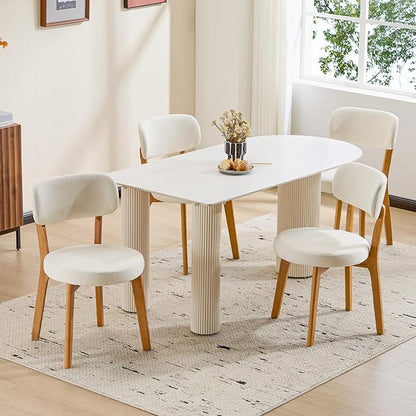 Furniliving Wooden Dining Chairs Set of 6, Mid-Century Modern Linen Upholstered Kitchen Chair with Solid Oak Wood, Farmhouse Dining Room Chairs, Beige